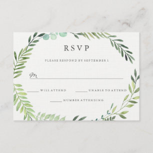 Wasserfarbe grüner Blätterkranz Hochzeit RSVP Karte