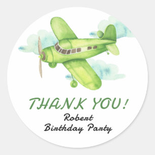 Wasserfarbe Grünes Flugzeug Geburtstag Danke Runder Aufkleber