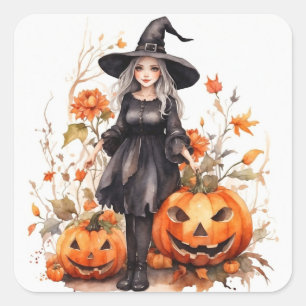 Wasserfarbe Halloween Hexe mit Pumpkins Quadratischer Aufkleber