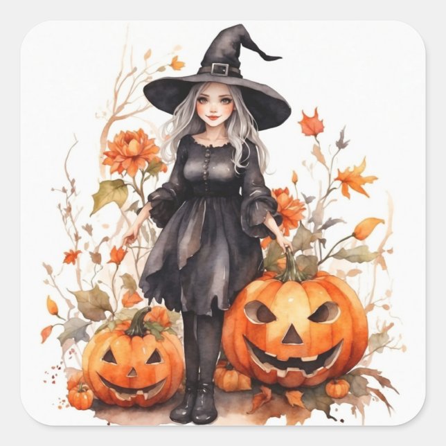 Wasserfarbe Halloween Hexe mit Pumpkins Quadratischer Aufkleber (Vorderseite)