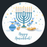 Wasserfarbe Hanukkka Holiday Runder Aufkleber<br><div class="desc">Eine Hanukkah-Szene mit einer Menorah,  Sufganiyot (Donuts),  dreiblättrigen und Olivenzweigen wird in einem Aquarelleffekt auf diesem Chanukah-Aufkleber gerendert. Benutzen Sie als Dankeschön Aufkleber,  auf Chanukah Geschenke,  oder auf Urlaub Gefallen. Verfügbar mit passenden Produkten.</div>