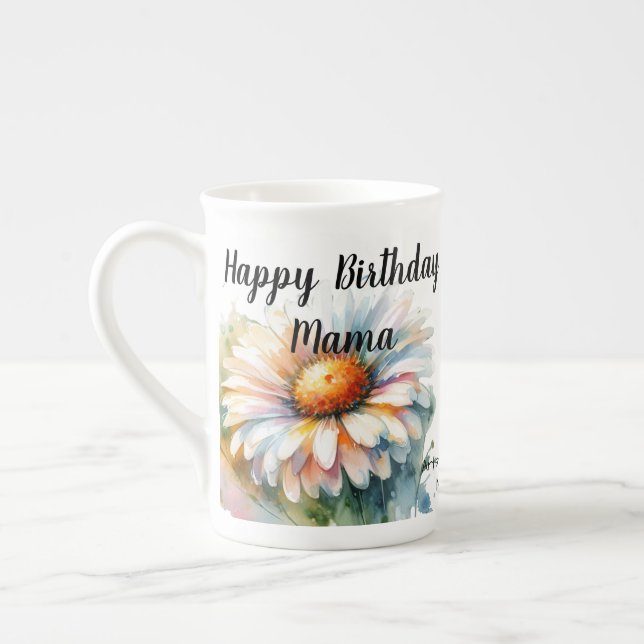 Wasserfarbe "Happy Birthday Mama" Weiße BLUME Prozellantasse (Links)