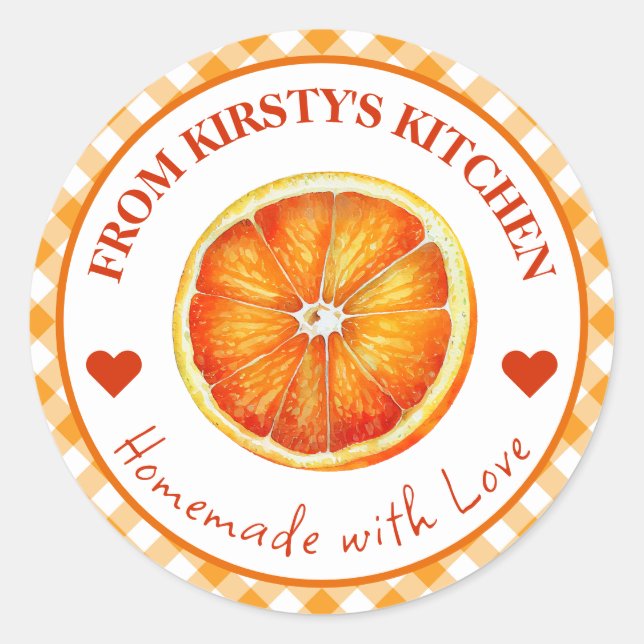 Wasserfarbe, hausgemachte Gingham Orange Jam Label Runder Aufkleber (Vorderseite)
