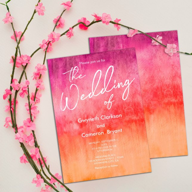 Wasserfarbe Heiß rosa und orange Hochzeit Einladung (#hotpinkandorangeinvitation #brightandbold #spring #watercolorinvitation)