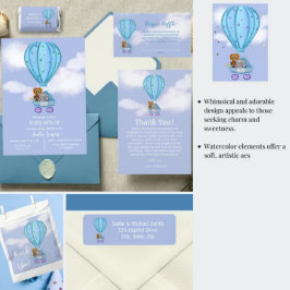 Wasserfarbe Heißluftballon Babydusche Junge Einladung