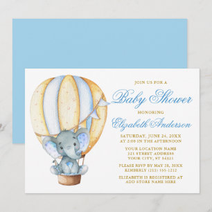 Wasserfarbe Heißluftballon Elefant Babydusche Einladung