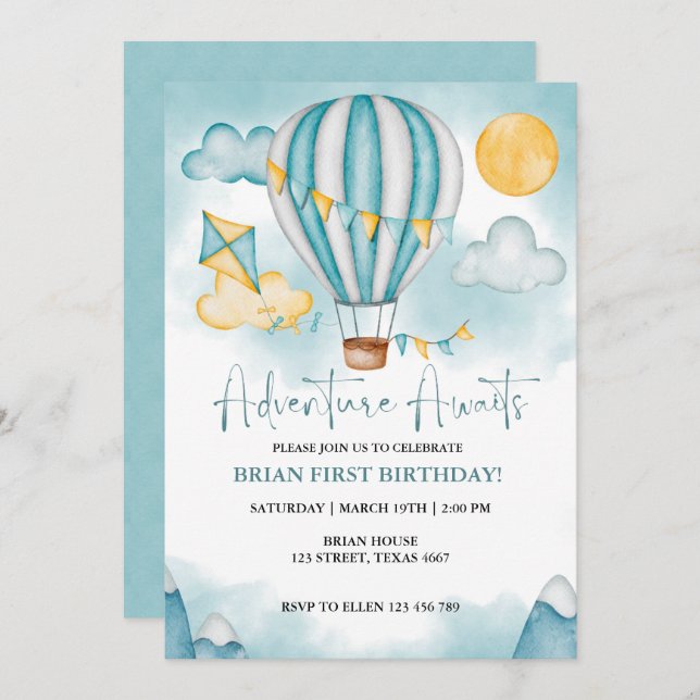 Wasserfarbe Heißluftballon Geburtstag Einladung (Vorne/Hinten)