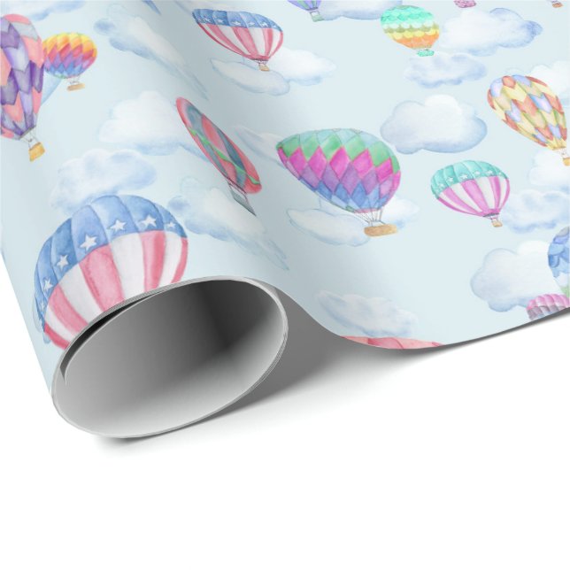 Wasserfarbe Heißluftballon im Himmel Geschenkpapier (Rolleneckpunkt)