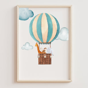 Wasserfarbe Heißluftballon Safari Kinderzimmer Poster