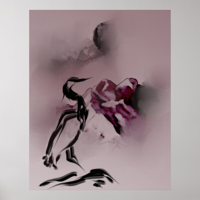 Wasserfarbe Heron Bird Berge Malerei Landschaft Poster (Vorne)