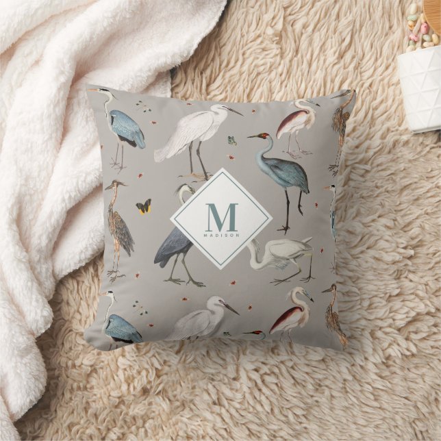 Wasserfarbe Heron Bird Egret Natur Mit Monogramm Kissen (Decke)