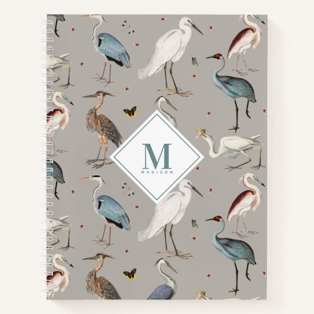 Wasserfarbe Heron Bird Egret Natur Mit Monogramm Notizbuch (Vorderseite)