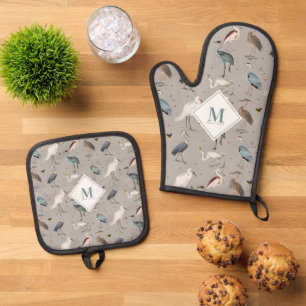 Wasserfarbe Heron Bird Egret Natur Mit Monogramm Ofenhandschuh & Topflappen-Set