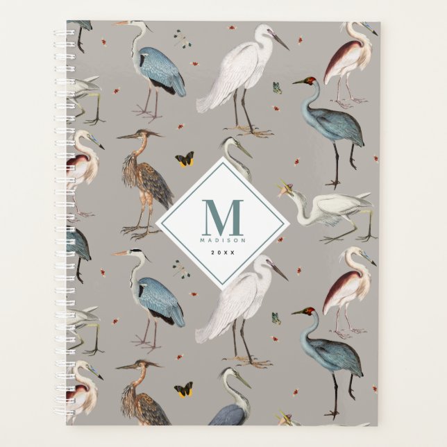 Wasserfarbe Heron Bird Egret Natur Mit Monogramm Planer (Vorderseite)