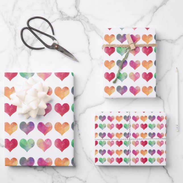Wasserfarbe Herz Valentins Wrapping Paper Geschenkpapier Set (Vorderseite)