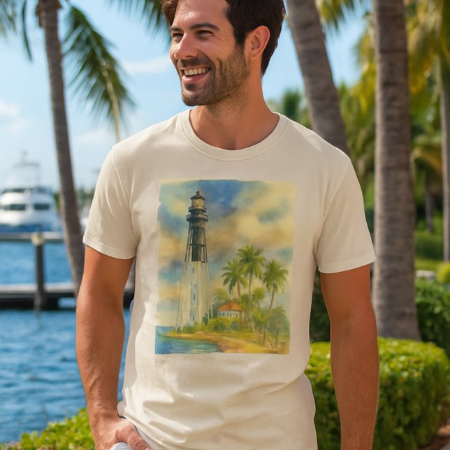 Wasserfarbe Hillsboro Inlet Leuchtturm Florida T-Shirt (relaxed Florida vibe with a man wearing Hillsboro  lighthouse watercolor tee)