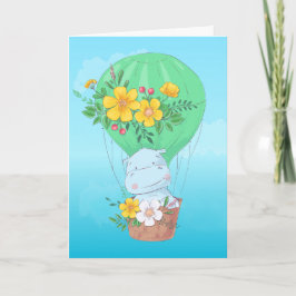 Wasserfarbe Hippo in Hot Air Ballon Geburtstag Karte