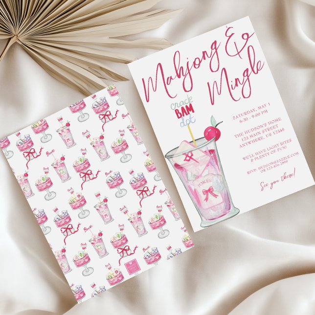 Wasserfarbe Hot Pink Mahjong Cocktails Party Einladung (Von Creator hochgeladen)