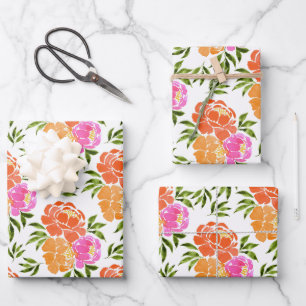 Wasserfarbe Hot Pink Orange Floral Geschenkpapier Set