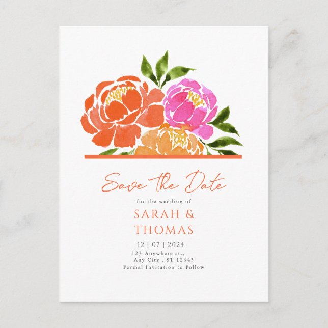 Wasserfarbe Hot Pink Orange Save the Date Postkarte (Vorderseite)