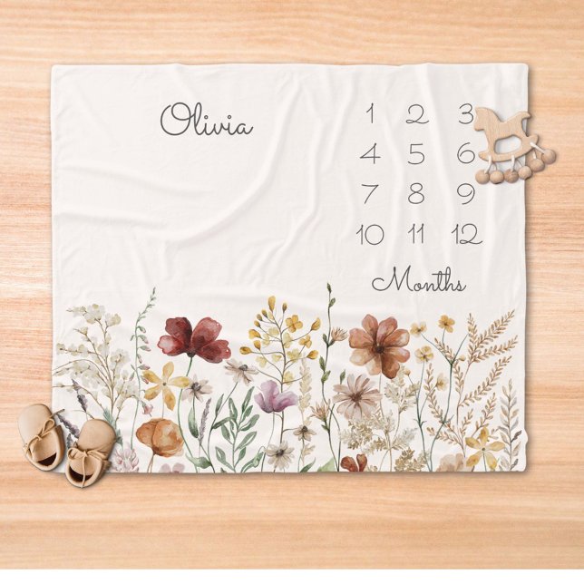 Wasserfarbe Hübsche Wildblume Meilenstein Baby Fleecedecke (In situ)