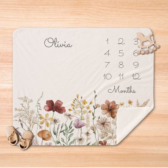 Wasserfarbe Hübsche Wildblume Meilenstein Baby Sherpadecke (In situ)