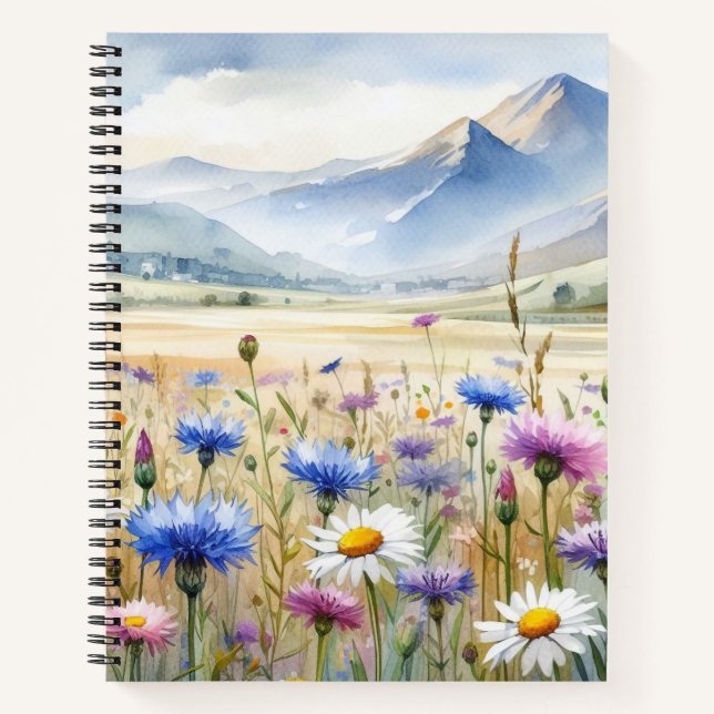 WASSERFARBE HÜBSCHE WILDBLUME MIT BERGEN NOTIZBUCH (Vorderseite)