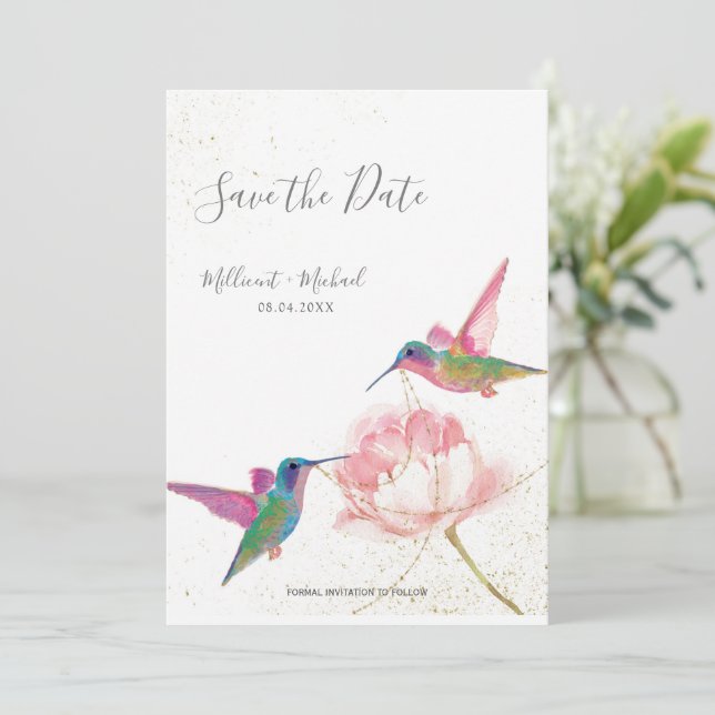 Wasserfarbe Hummingvögel mit Peony Save the Date (Stehend Vorderseite)