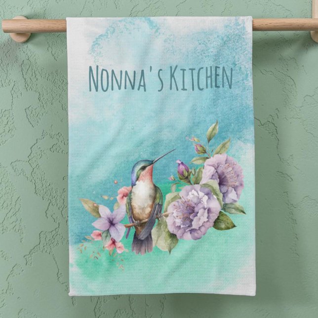 Wasserfarbe Hummingvogel und Blume Personalisiert Geschirrtuch (Kitchen towel template of hummingbird and watercolor background.)