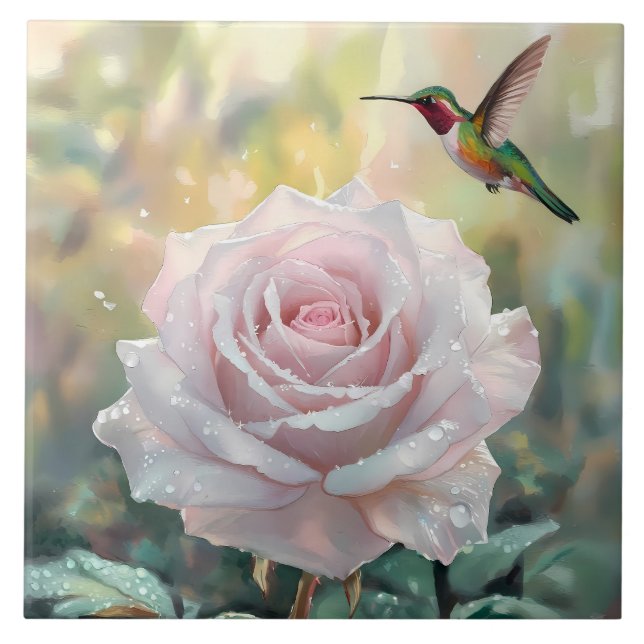 Wasserfarbe Hummingvogel und Rosa Rose Fliese (Vorderseite)