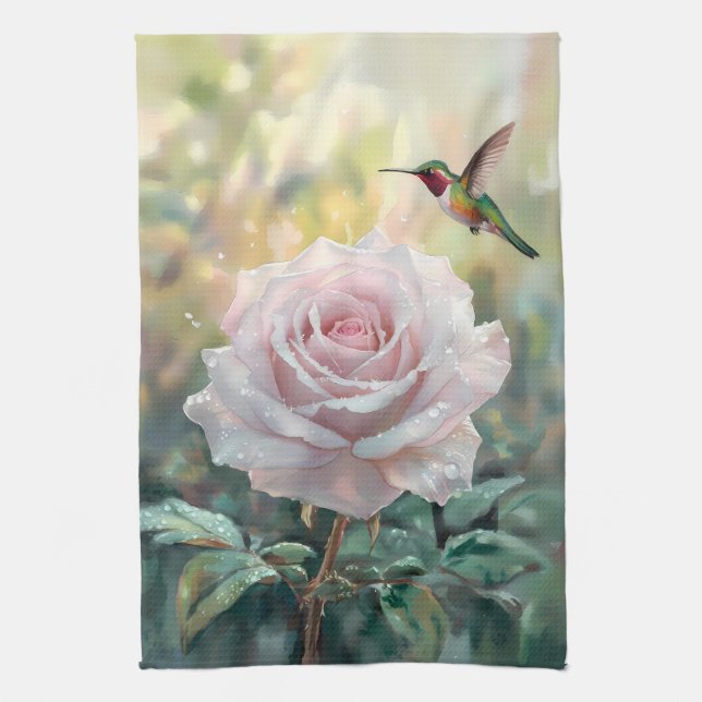 Wasserfarbe Hummingvogel und Rosa Rose Geschirrtuch (Vertikal)