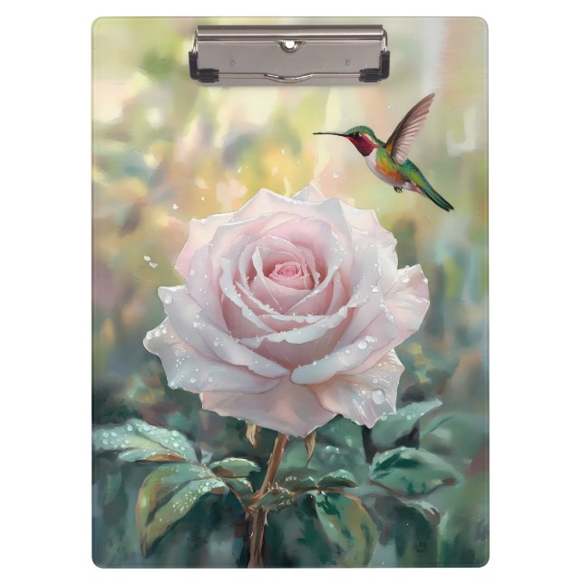 Wasserfarbe Hummingvogel und Rosa Rose Klemmbrett (Vorderseite)