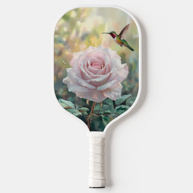 Wasserfarbe Hummingvogel und Rosa Rose Pickleball Schläger (Vorderseite)