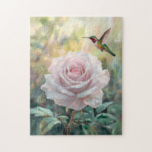 Wasserfarbe Hummingvogel und Rosa Rose Puzzle