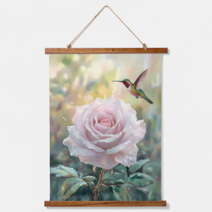 Wasserfarbe Hummingvogel und Rosa Rose Wandteppich Mit Holzrahmen