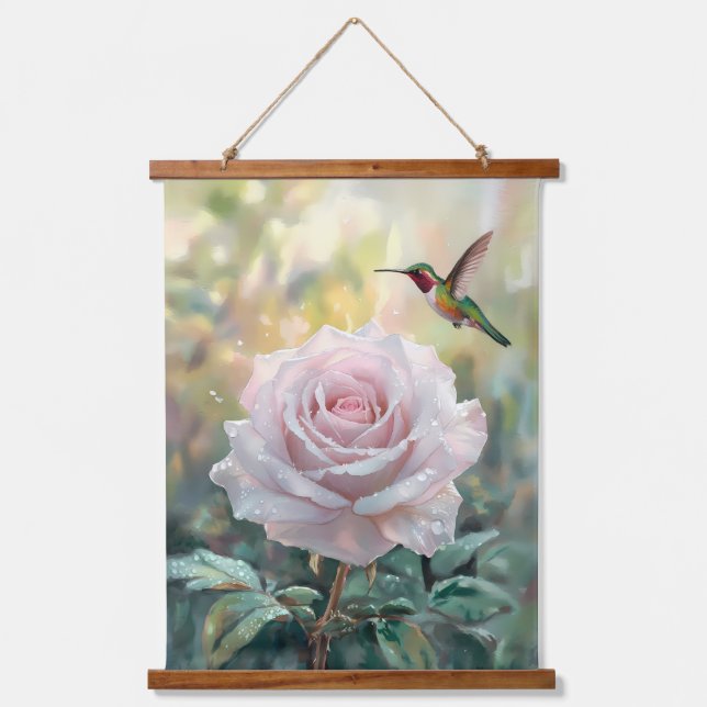 Wasserfarbe Hummingvogel und Rosa Rose Wandteppich Mit Holzrahmen (Vorderseite)