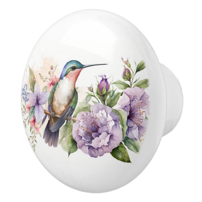 Wasserfarbe Hummingvogel und violette Blumen Keramikknauf (Rechts)