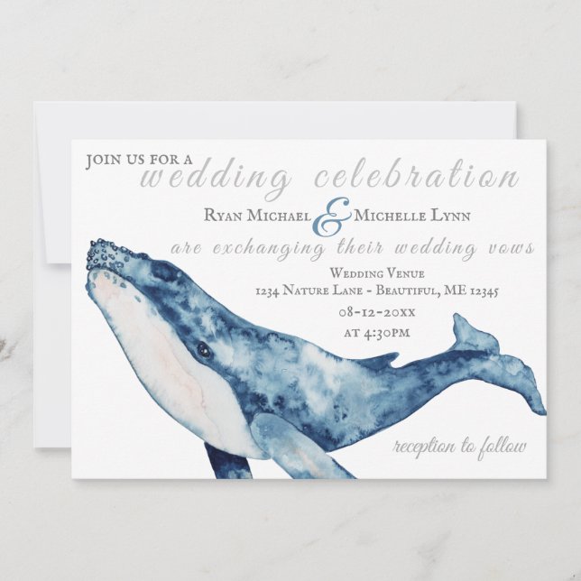 Wasserfarbe Humpback Whale Nautical Beach Hochzeit Einladung (Vorderseite)