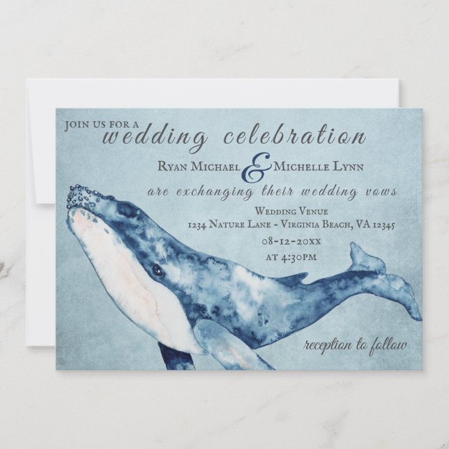 Wasserfarbe Humpback Whale Nautical Beach Hochzeit Einladung (Vorderseite)