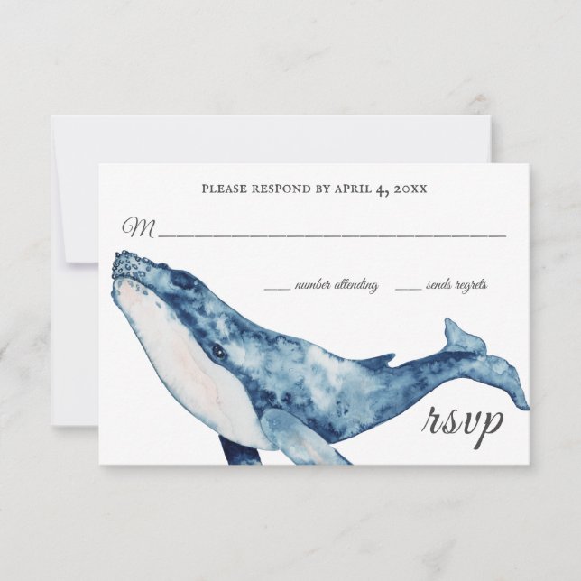 Wasserfarbe Humpback Whale Nautical Beach Hochzeit RSVP Karte (Vorderseite)