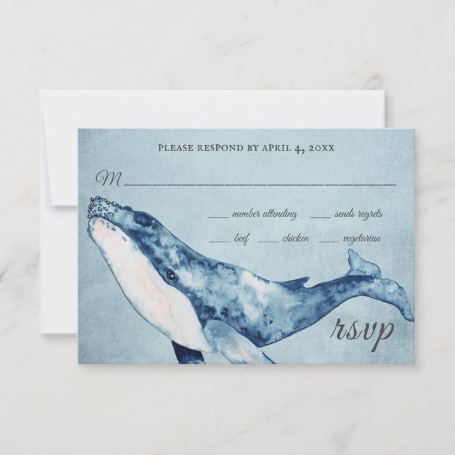 Wasserfarbe Humpback Whale Nautical Beach Hochzeit RSVP Karte (Vorderseite)