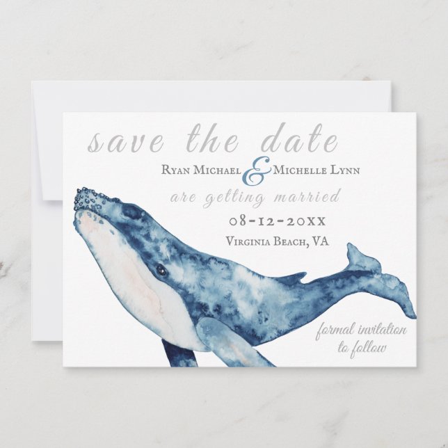 Wasserfarbe Humpback Whale Nautical Beach Hochzeit Save The Date (Vorderseite)