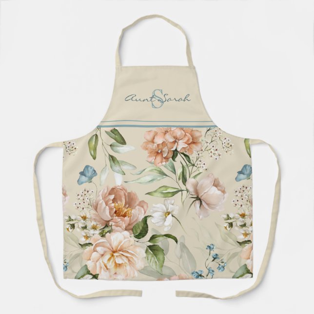 Wasserfarbe Hydrangea Peonies Anfangsname Schürze (Vorderseite)