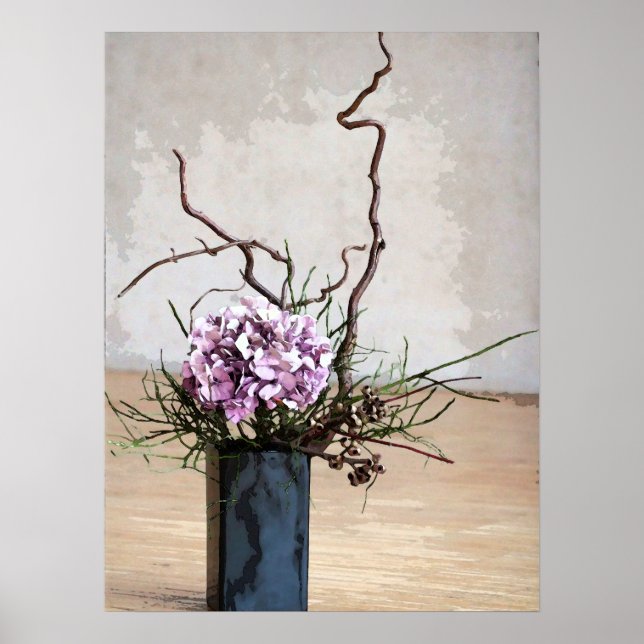 Wasserfarbe Hydrangea und Holzvase Poster (Vorne)