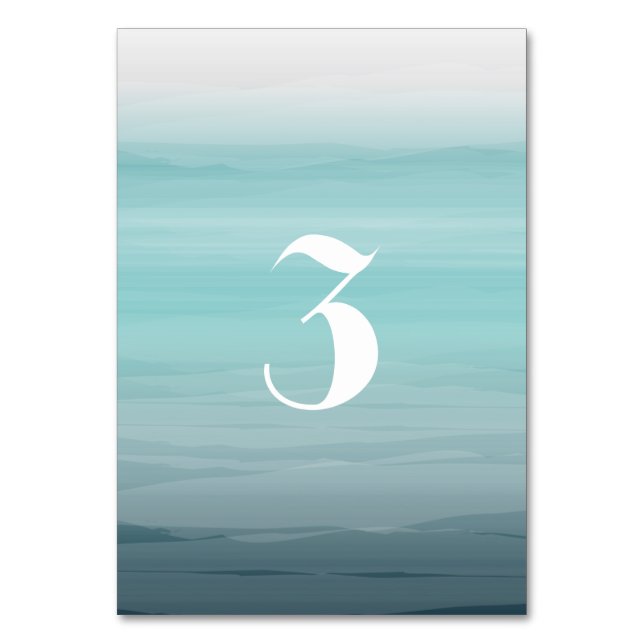 Wasserfarbe Inspiriert Aquamarin Ombre Wedding Tischnummer (Vorderseite)