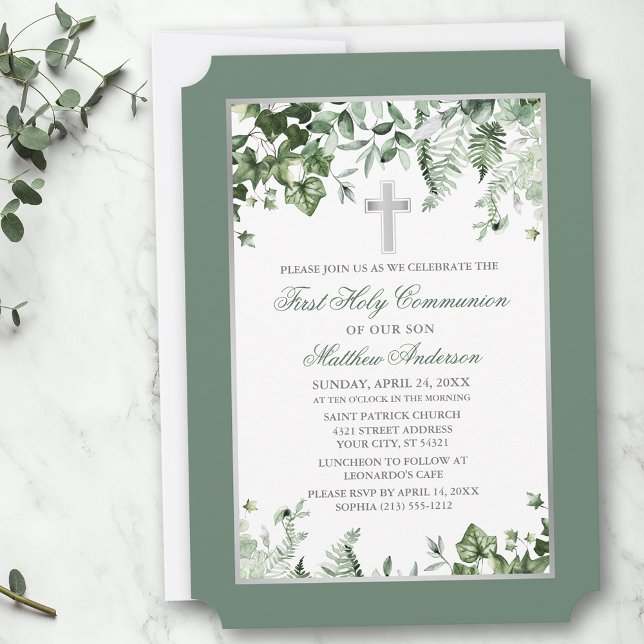 Wasserfarbe Ivy Ferns Sage Silver Frame Kommunion Einladung (Customize to change text color, size, text style or to change color of back of card.)