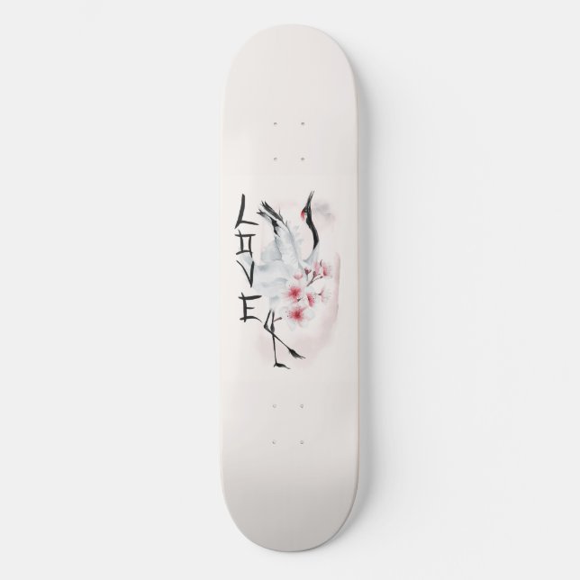 Wasserfarbe Japanisch Sakura Blossom Liebe Kran Skateboard (Vorderseite)