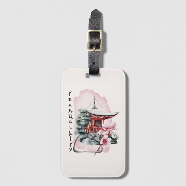 Wasserfarbe Japanischer Tempel Sakura Blossom Gepäckanhänger (Vorderseite Vertikal)
