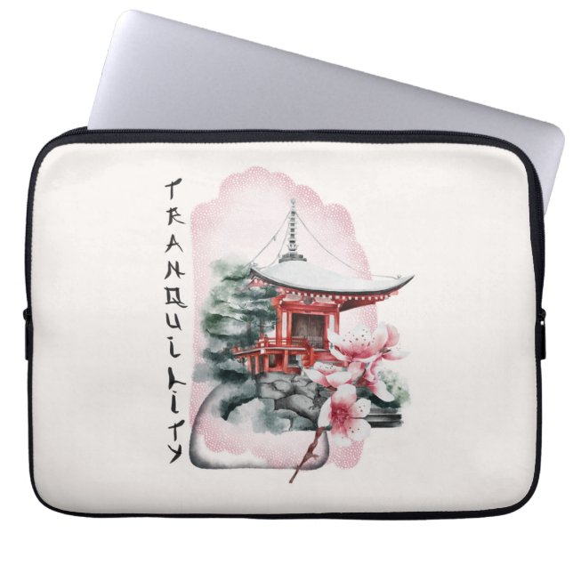 Wasserfarbe Japanischer Tempel Sakura Blossom Laptopschutzhülle (Vorderseite)