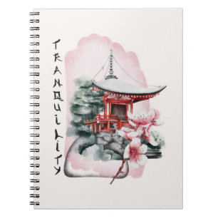 Wasserfarbe Japanischer Tempel Sakura Blossom Notizblock